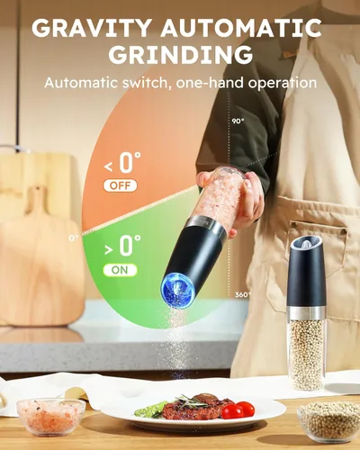 Vista 5 de Sangcon Gravity - Juego de molinillo eléctrico de sal y pimienta, agitadores automáticos de 9 onzas, capacidad XL, funciona con pilas, operación