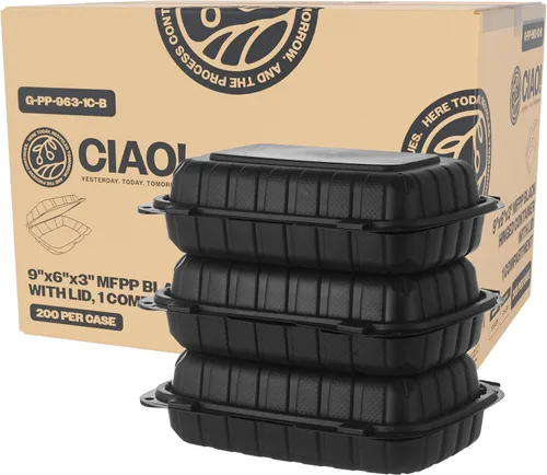 Vista 19 de CIAO! Contenedor negro con bisagras MFPP de 6"x6"x3" con tapa, 1 compartimento (caja de 300)