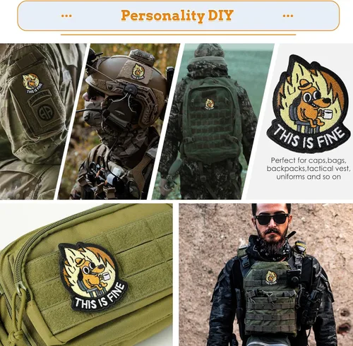 Vista 3 de XMJY Parche de Perro This is Fine, 1 Pieza Parches Bordados con Meme Divertido, Parche Táctico Militar de Ánimo con Respaldo de Cierre de Gancho