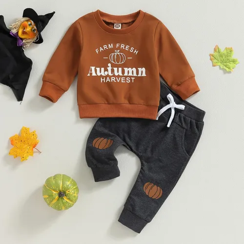 Vista 2 de Kaipiclos Ropa de otoño para bebé, ropa de Navidad, sudadera de manga larga con calabaza, pantalones, traje de invierno de 2 piezas