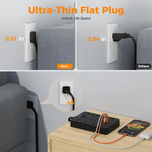 Vista 5 de TESSAN - Tira de alimentación negra con protector de sobretensiones, cable de extensión de enchufe plano de 10 pies con 10 salidas de corriente