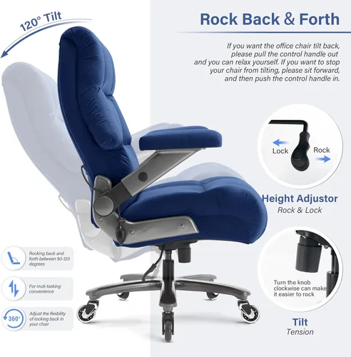 Vista 8 de Silla de oficina grande y alta, 700 libras, silla de escritorio ejecutiva con soporte lumbar ajustable, brazos abatibles 3D, ruedas silenciosas