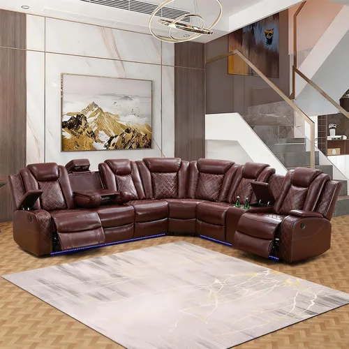 Vista 19 de Juego de sofá modular reclinable eléctrico para sala de estar, juego de sofá reclinable de cuero con luces LED / almacenamiento oculto, sofá en Beige