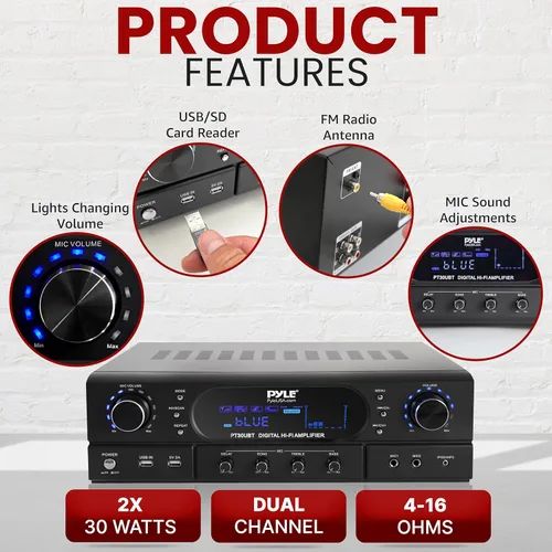 Vista 5 de Pyle Amplificador receptor de cine en casa Bluetooth – Amplificador de potencia máxima de 180 W con agudos, graves, control de eco, MP3/USB/FM