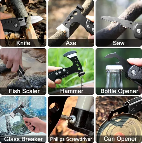 Vista 6 de RoverTac Kit de herramientas de supervivencia para camping, multiherramienta 11 en 1, hacha multiherramienta, linterna LED de alto lumen, cuchillo