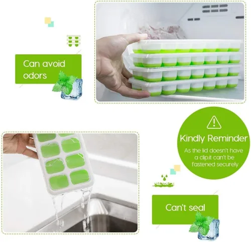 Vista 3 de Bandejas para cubitos de hielo, de silicona de fácil liberación y flexibles, 14 bandejas de hielo con tapa extraíble resistente a derrames, sin BPA