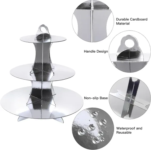 Vista 5 de Soleebee Soporte redondo de 3 niveles para cupcakes, torre de cartón para cupcakes, torre de postre para decoración de cumpleaños, bodas, fiestas, 1