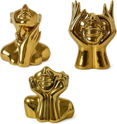 Vista 6 de Jarrón de Cara Jarrón de Cerámica Único para Habitación, Oficina, Decoración del Hogar, Dorado, A