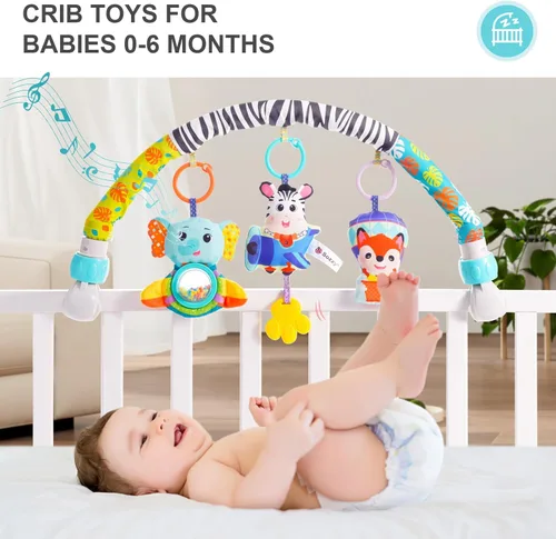 Vista 5 de Koty Juguete de arco de cochecito de bebé, juguetes de asiento de automóvil para bebés de 0 a 6 meses, juguete de arco de actividad con accesorios