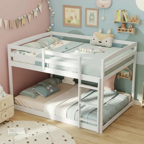 Vista 18 de KOMFOTT Litera de Madera Gemela sobre Gemela, Litera con Escalera y Barandilla de Seguridad, Marco de Cama de Madera Sólida, Ideal para Dormitorio