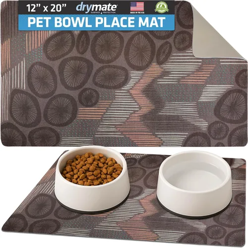 Drymate Mantel individual con tazón para mascotas, tapete de alimentación de alimentos para perros y gatos, tela absorbente, parte trasera