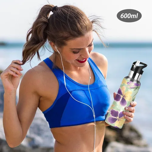 Vista 6 de Purple Violets - Botellas de agua aisladas con tapa con popote, sin BPA, 22 onzas, a prueba de fugas, botella de agua deportiva de acero inoxidable