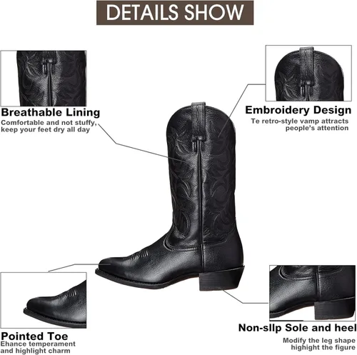 Vista 4 de femflame Botas de vaquero para hombre, punta redonda, desgastadas, botas de trabajo bordadas, botas western tradicionales, botas de campo