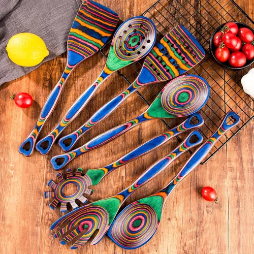 Vista 10 de Gudamaye Pakkawood - Juego de utensilios de cocina de madera de 7 piezas, cucharas de madera para cocinar, juego de utensilios de madera con asas