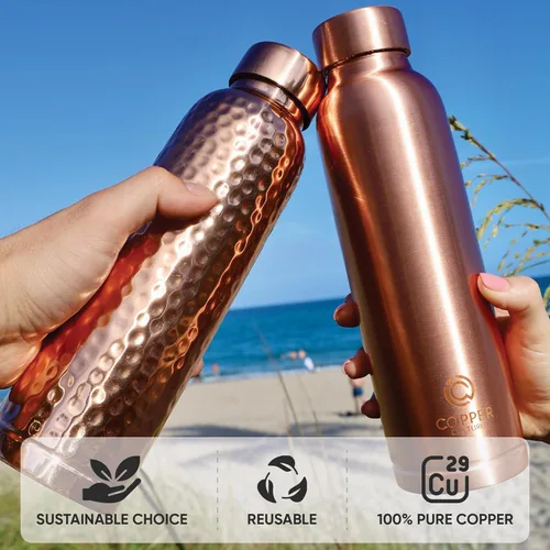 Vista 5 de Botella de agua de cobre 100% puro para agua potable – 34 oz (1000 ml) Acabado martillado con tapa a prueba de fugas Recipiente de cobre