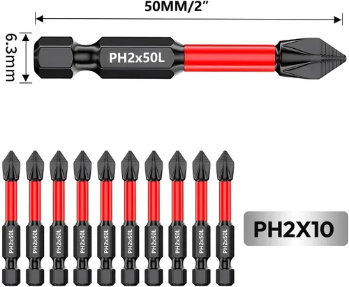 Vista 5 de Juego de brocas magnéticas Phillips #2 antideslizantes de 2 "/50 mm, magnetismo fuerte, vástago hexagonal de 1/4 de pulgada TS2, tornillos