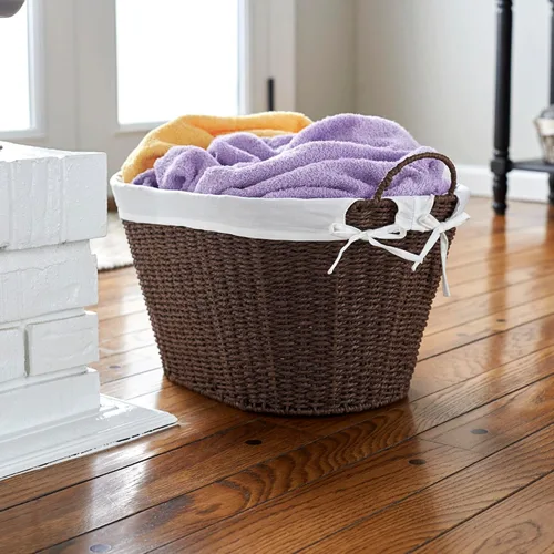 Vista 2 de Household Essentials – ML-7067 Canastilla de cuerda de papel para la ropa sucia con asas viene con forro extraíble color café oscuro
