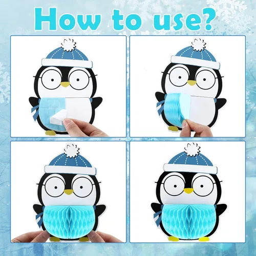 Vista 3 de 9 piezas de centro de mesa de pingüino de panal de abeja, decoración de cumpleaños de pingüino, centros de mesa de nido de abeja para temática