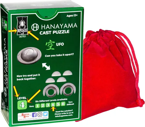Vista 6 de UFO Hanayama Brain Teaser rompecabezas, nueva versión 2019, clasificación de dificultad de nivel 4, bolsa de terciopelo rojo con cordón, paquete