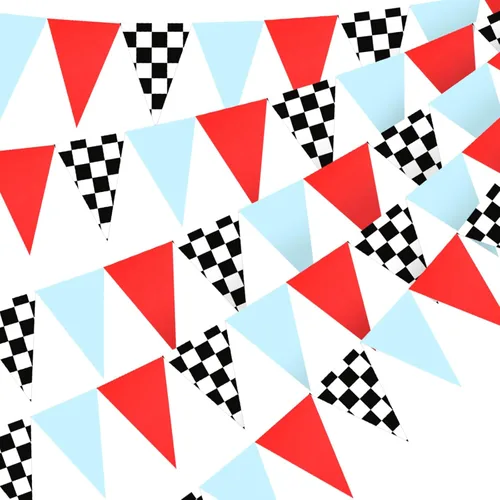 Tiamon 5 banderas de coche de carreras, decoraciones de fiesta, rojo, azul, negro y blanco, triángulo a cuadros de 49.2 pies, banderines de