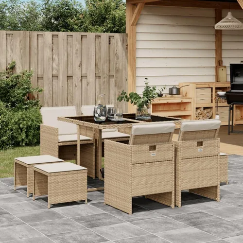 9 Piece Patio Dining Set with Cushions, Beige Poly Rattan Outdoor Furniture Set, Foldable Chairs and Stools, Tempered Glass Table for Garden