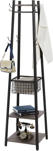 Vista 11 de VECELO Perchero independiente, árbol de pasillo con cesta de metal y estantes de almacenamiento, perchero industrial con 8 ganchos para colgar