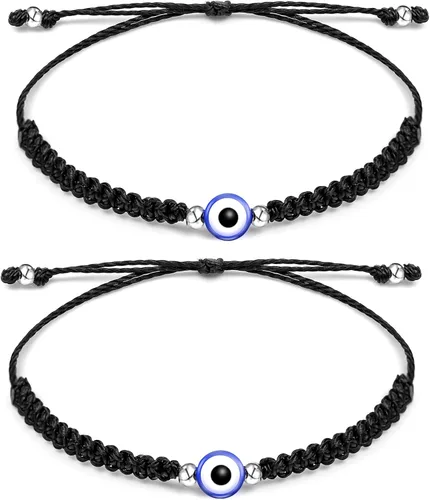 Jewanfix Pulseras de cuerda de mal de ojo hecho a mano con cuerda negra para mujeres hombres adolescentes y niñas 2 piezas