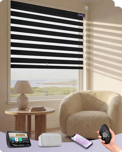 Vista 29 de Graywind Persianas motorizadas de cebra para ventanas, persianas inteligentes 100 % opacas con control remoto, persianas de cebra personalizadas