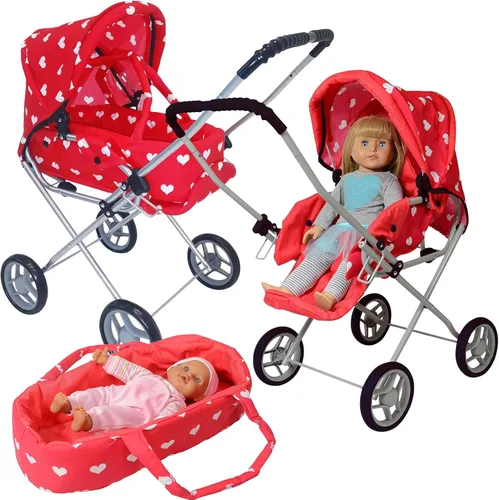 Vista 10 de Juego de Cochecito de Muñeca, Cochecito de Muñeca 3 en 1 con Moisés Extraíble, Carrito para Muñecas, Cochecito de Muñeca de Juguete para Niños Floral