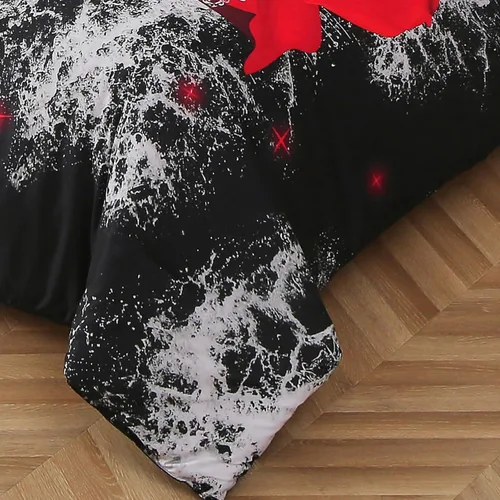 Vista 4 de Juego de edredón de rosa roja, tamaño King, patrón flora, ligero, estampado, alternativo, de 3 piezas, romántico amor, juego de ropa de cama