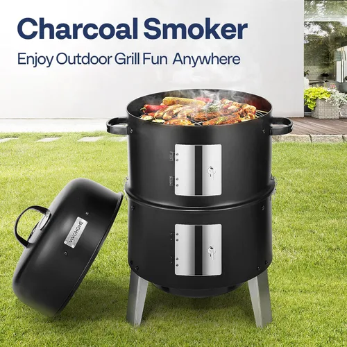 Vista 6 de VIVOHOME Ahumador vertical de carbón 3 en 1, parrilla ahumadora de barbacoa con termómetro integrado, ventilación de aire y 2 puertas de acceso