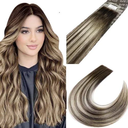 Vista 6 de 20 extensiones invisibles de cabello humano Remy inyectadas a máquina de poliuretano #8c/11c, mezcla de rubio claro, 20 unidades x 18 pulgadas