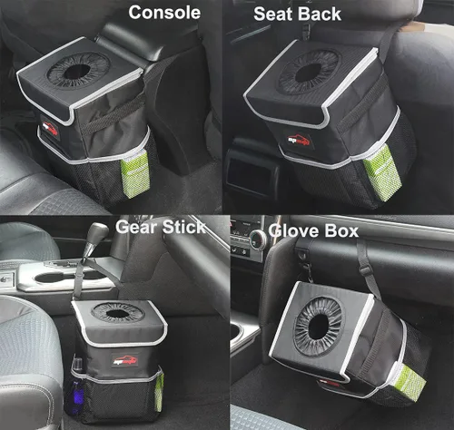 Vista 3 de EPAuto Basurero impermeable para automóvil con tapa y bolsillos de almacenamiento, 2.5 galones, color negro