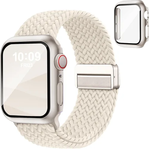 Acextro Correa trenzada magnética y estuche compatible con Apple Watch Bands para mujeres y hombres 40mm 44mm 41mm 45mm 42mm 46mm, cubierta Luz