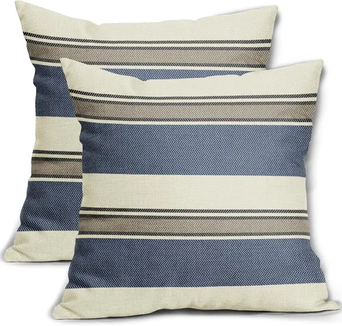 Vista 34 de Juego de 2 fundas de almohada a rayas negras y marrones de 16 x 16 pulgadas, diseño de rayas bohemias con estampado de rayas color crema, fundas