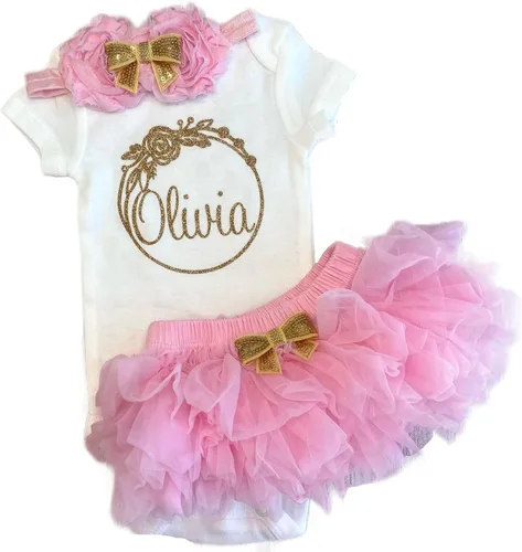 Vista 8 de Personalized Baby Girl Outfit Circular Floral Wreath Design Gold Glitter Optional Accessories