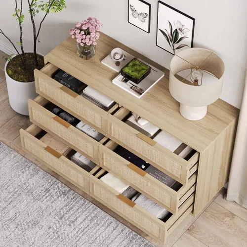 Vista 13 de Cómoda de ratán de 51 pulgadas para dormitorio, cómoda de 6 cajones, cómoda bohemia y de granja, armario de almacenamiento de ropa, mango de metal