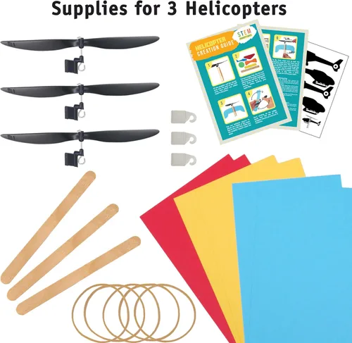 Vista 2 de Kit de helicóptero con banda de goma, paquete de 3 – Construye 3 helicópteros de banda de goma, kit completo de proyecto STEM para aulas, a partir