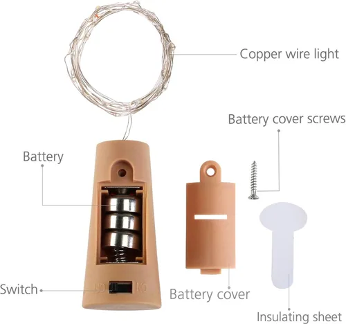 Vista 3 de Luces para botella de vino con corcho, paquete de 6 unidades, funciona con pilas, 15 luces LED en forma de corcho, alambre plateado, miniluces