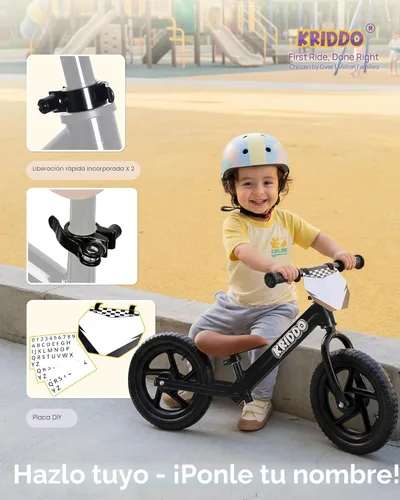 Vista 4 de KRIDDO Bicicleta de equilibrio para niños de 2 años de edad, bicicleta de empuje de 12 pulgadas con placa personalizada