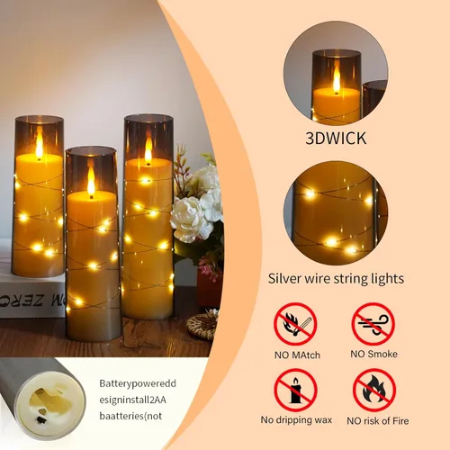 Vista 6 de Velas sin llama, con cadena de estrellas incorporada, velas LED parpadeantes que funcionan con pilas, velas de pilar con control remoto
