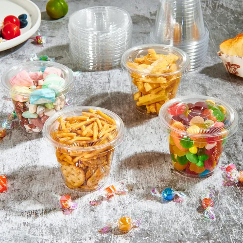 Vista 6 de Vplus Paquete de 200 vasos de plástico PET de 9 onzas con tapas planas, vasos de plástico desechables de cristal para parfait, frutas, postres