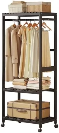 Vista 11 de Portable Bamboo Clothes Rack with Shelves - Free Standing Wooden Wardrobe, Rolling Garment Rack for Bedroom, Adjustable Multi-Storage Organizer with