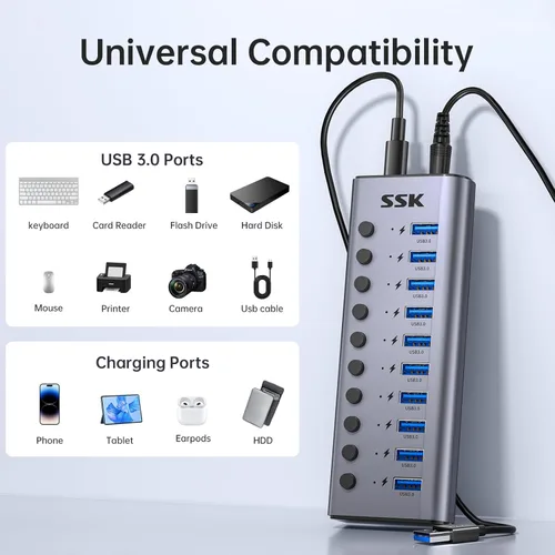 Vista 7 de SSK Hub USB 3.0 alimentado por 10 puertos, concentrador de carga USB de aluminio de 60 W con adaptador de corriente DC 12V5A, soporta carga rápida