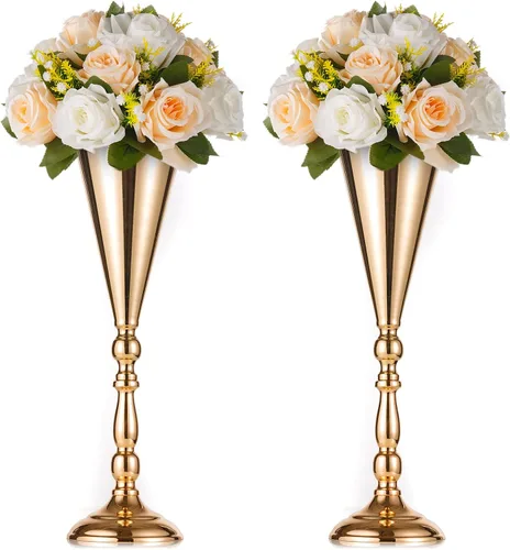 Vista 13 de Nuptio Jarrón decorativo de metal con diseño de trompeta para flores, para bodas, centros de mesa, arreglos de flores artificiales