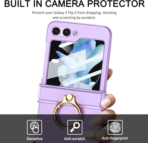 Vista 5 de Miimall Funda para Galaxy Z Flip 5 con soporte de anillo, protector de pantalla de protección de bisagra mejorado, anillo multifuncional ultrafino