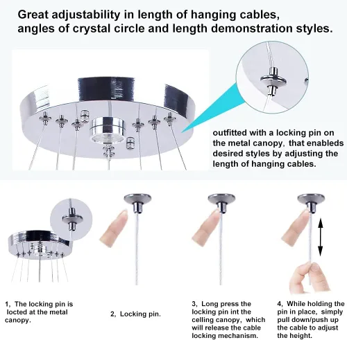 Vista 4 de Candelabros LED, moderno candelabro de cristal para comedor, sala de estar, lámpara colgante de techo LED, 4 anillos, candelabros ajustables