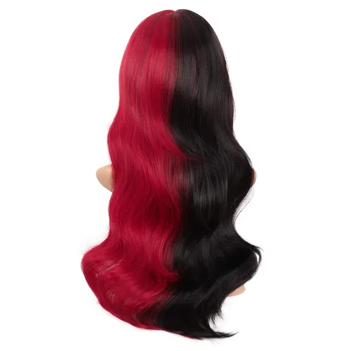 Vista 4 de MapofBeauty 24 pulgadas23.6 in Multicolor Plano Flequillo Largo Rizado Moda Cosplay Fiesta Peluca (Medio Rojo Medio Negro)