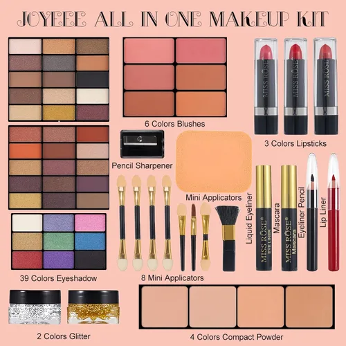 Vista 2 de Joyeee Juego de regalo de maquillaje todo en uno, kit completo para mujer, kit completo con bolsa de maquillaje, corrector, lápiz labial, rubor