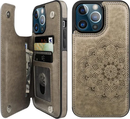 Vista 9 de Vaburs Funda compatible con iPhone 13 Pro Max con tarjetero y diseño de mandala en relieve, de piel sintética, doble botones, a prueba de golpes